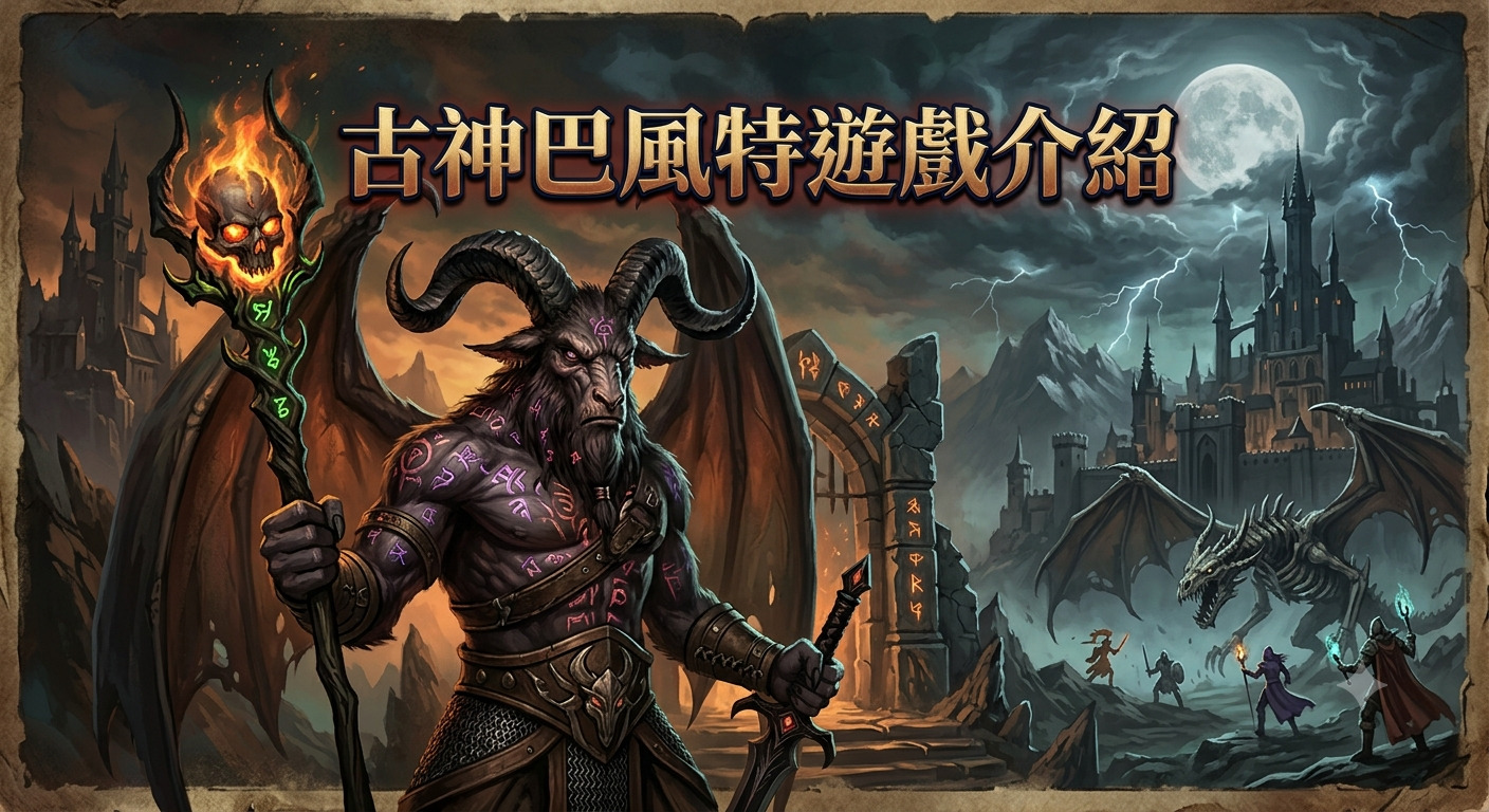 這是一張以暗黑奇幻風格呈現的遊戲介紹圖,畫面中央是強大的巴風特,背景則結合了古堡、閃電與冒險者的戰鬥場景。 圖像上方清晰地標註了「古神巴風特遊戲介紹」作為主題,整體氛圍神秘且充滿史詩級的戰爭感。