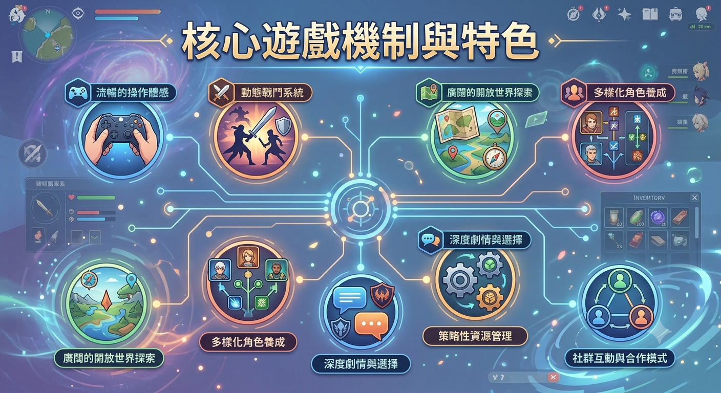 這張圖片以未來感與遊戲介面風格呈現,頂部標題為「核心遊戲機制與特色」。 整體設計包含多個圓形圖示,以發光的數據連結線串聯,象徵遊戲內部的操作體驗、戰鬥系統、角色養成、資源管理及社群互動等多種核心要素。