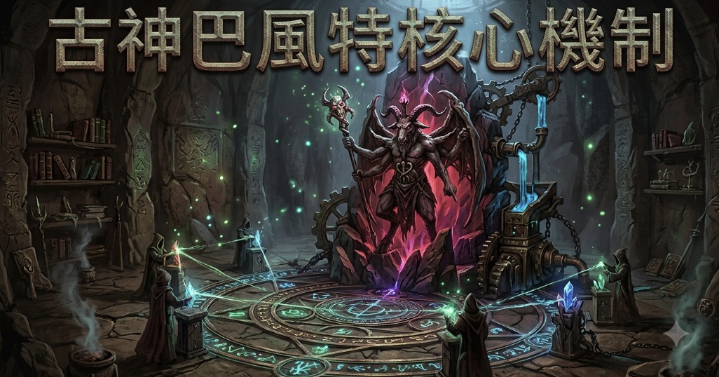 這是一幅描繪古神巴風特核心機制的奇幻場景,中央矗立著巴風特的雕像,周圍有神秘的儀式祭壇與法師在運作。 畫面中充滿了魔法符文與能量光束,營造出黑暗、莊嚴且具備機械魔幻風格的古老神秘氛圍。