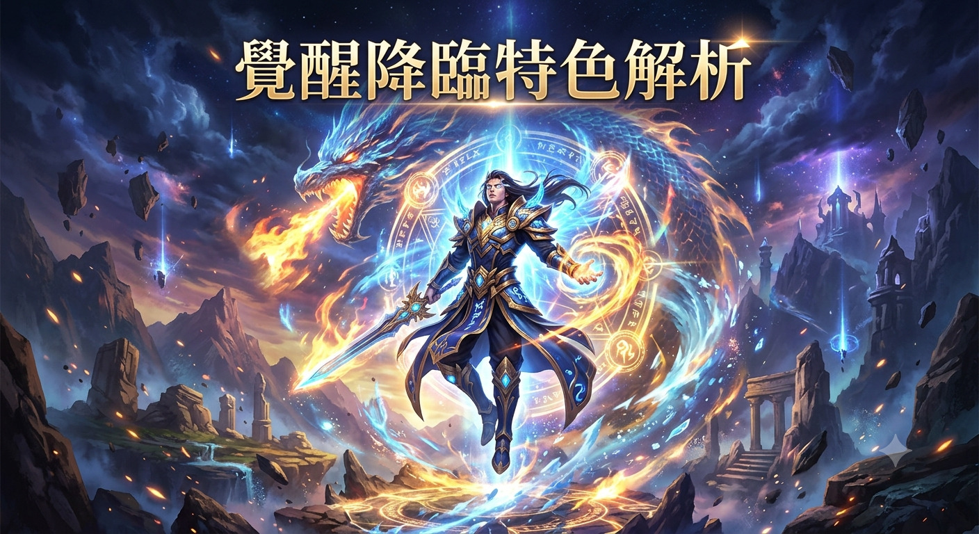 這是一幅呈現「覺醒降臨」主題的壯麗奇幻風格圖像,畫面中央為一位力量覺醒的戰士,背後環繞著巨大的能量法陣與火龍幻影。 整體背景展現了崩裂的天地與神秘的藍金色光芒,完美襯托出史詩般的氛圍,並將標題置於頂部作為視覺焦點。