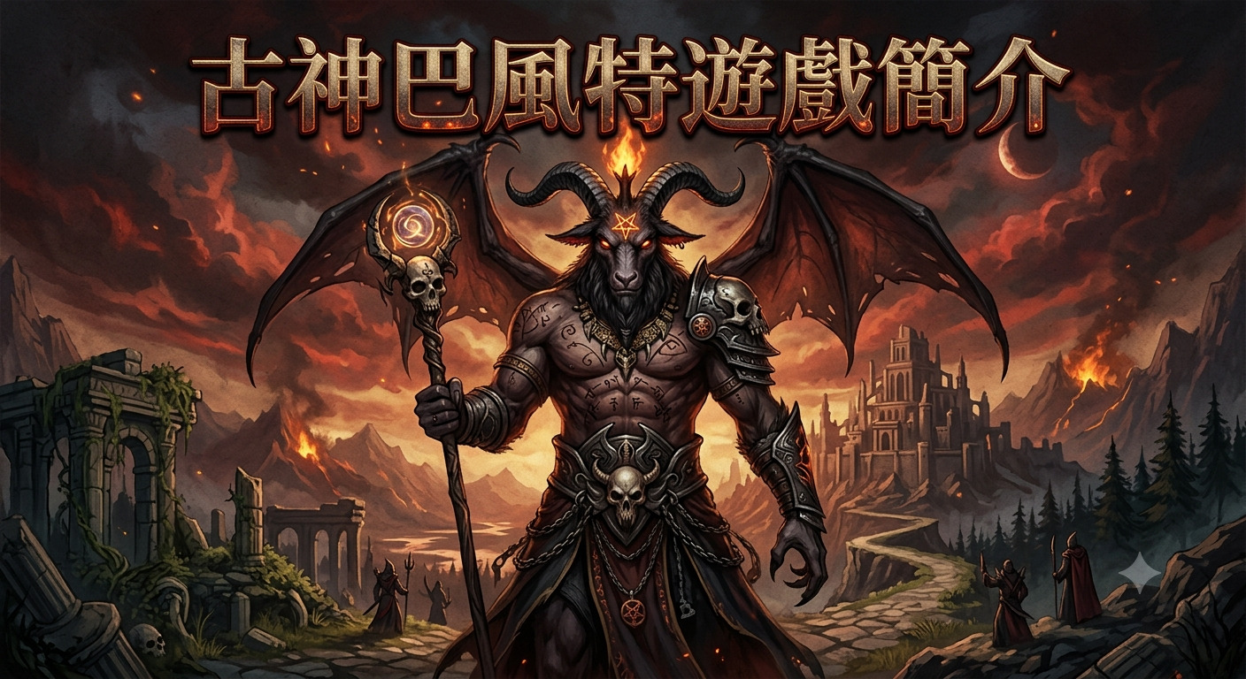 這是一幅以古神巴風特為核心的黑暗奇幻風格插畫,背景為充滿末日氛圍的焦土與廢墟古堡。 畫面中央展現了極具威嚴的巴風特形象,並以醒目的字體標題貫穿頂部,營造出史詩級的遊戲視覺張力。