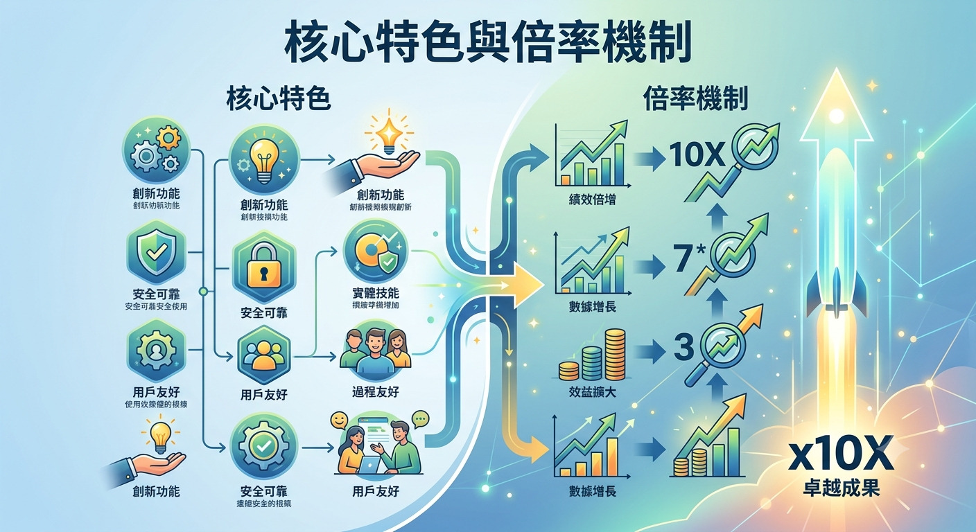 這張圖片以「核心特色與倍率機制」為主題,運用圖表展示創新功能、安全性與用戶體驗如何驅動倍率成長。 右側火箭升空的視覺效果象徵著企業在這些核心機制的推動下,實現了卓越的效能與數據倍增。