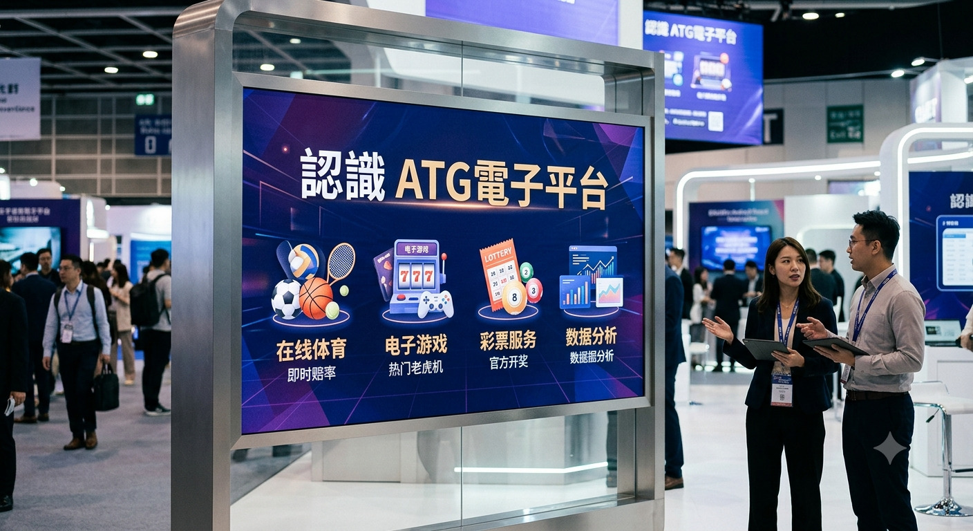 這是一張展示「認識 ATG電子平台」的展覽現場照片,螢幕上清晰呈現了該平台的體育、遊戲、彩票及數據分析等多元化服務內容。 兩位專業人員正在現場進行交流,畫面設計專業且富有現代科技感,完整傳達了該品牌的企業形象。