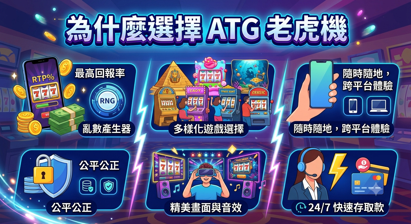 這張圖片以動態且充滿活力的風格展示了「為什麼選擇 ATG 老虎機」的核心優勢。 透過直觀的圖示,強調了其遊戲的多樣性、公平的隨機機制以及流暢的跨平台遊玩體驗。